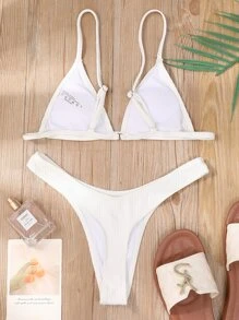 Rib Triangle High Cut Bikini, For Summer Beach Vacation - White - View 2