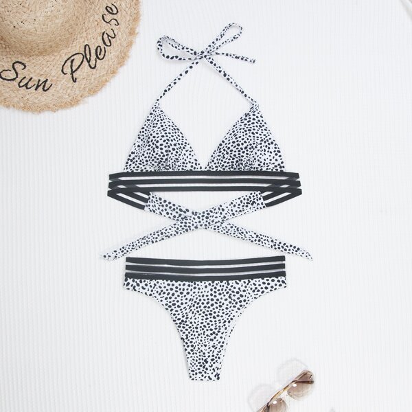 

Random Dalmatian Contrast Mesh Bikini Swimsuit, Black and white