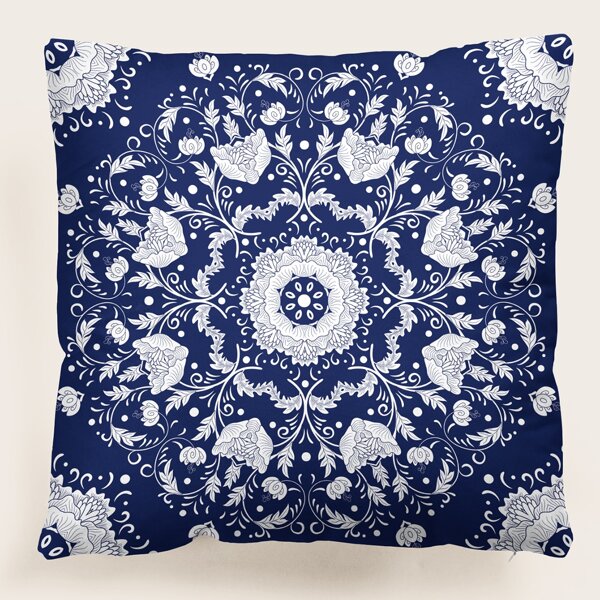 

Flower Print Cushion Cover Without Filler, Navy blue