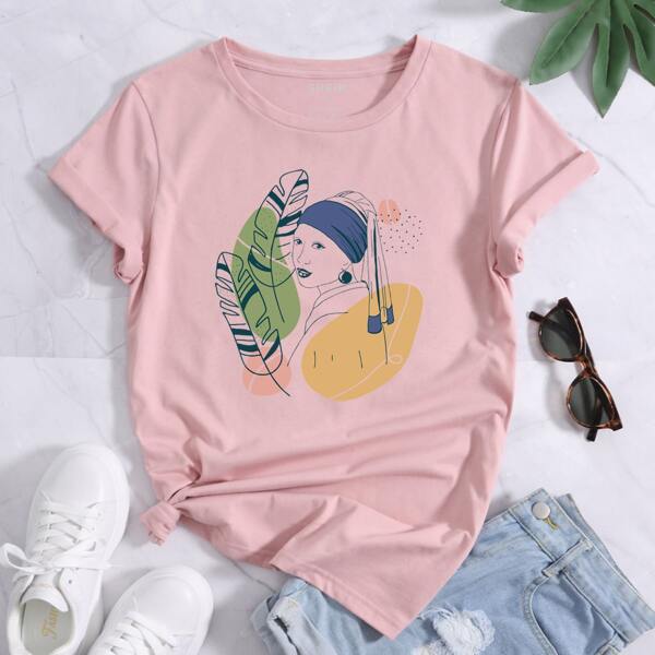 

Figure And Leaves Print Tee, Baby pink