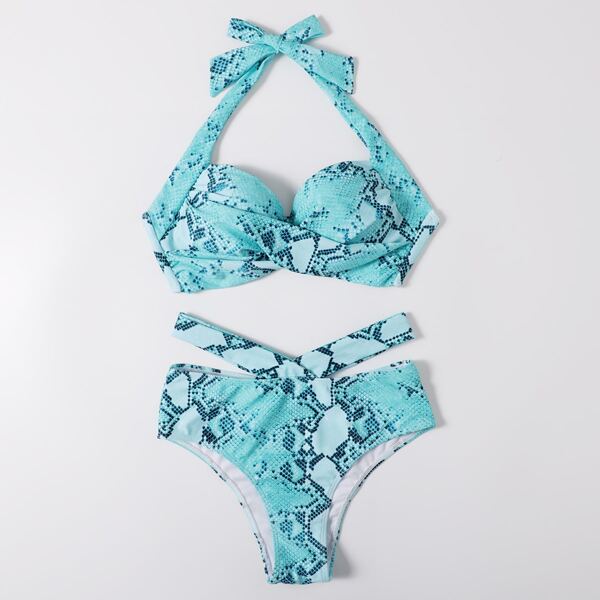 

Snakeskin Print Twist Push Up Bikini Swimsuit, Multicolor