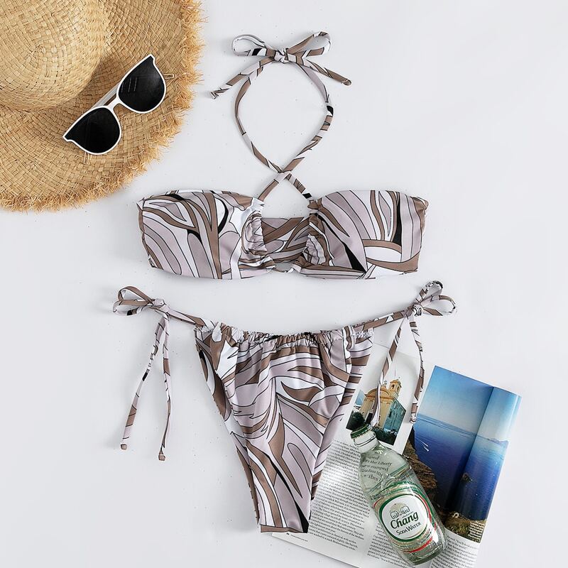 

Allover Graphic Halter Thong Bikini Swimsuit, Multicolor
