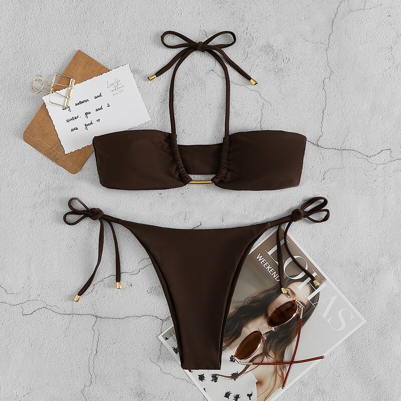 

Halter Tie Side Bikini Swimsuit, Coffee brown