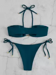 SHEIN Swim Summer Beach Halter Tie Side Bikini - Teal Blue - View 2