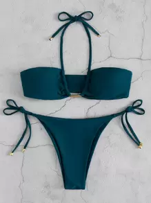 SHEIN Swim Summer Beach Halter Tie Side Bikini - Teal Blue - View 4