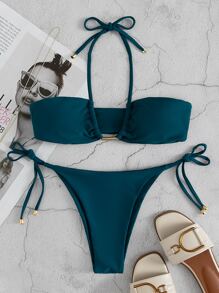 SHEIN Swim Summer Beach Halter Tie Side Bikini - Teal Blue - View 6