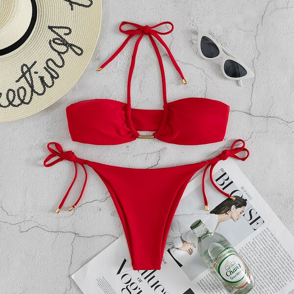 

Halter Tie Side Bikini Swimsuit, Red