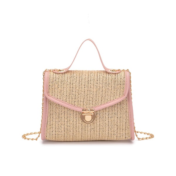 

Contrast Binding Push Lock Chain Bag, Beige