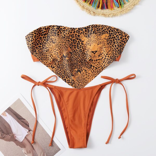 

Leopard Print Hanky Hem Bandeau Bikini Swimsuit, Burnt orange