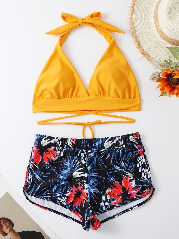 Tropical Shorts & Halter Top Bikini Set, For Summer Beach Vacation - Multicolor - View 3