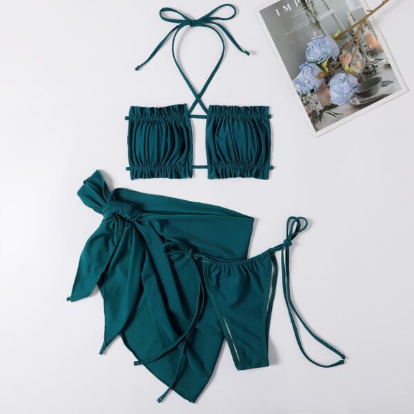 

3pack Frill Trim Halter Bikini Swimsuit & Cover Up, Teal blue