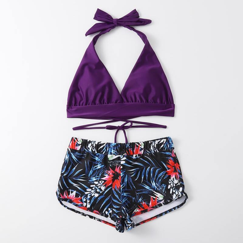 

Tropical Halter Shorts Bikini Swimsuit, Multicolor
