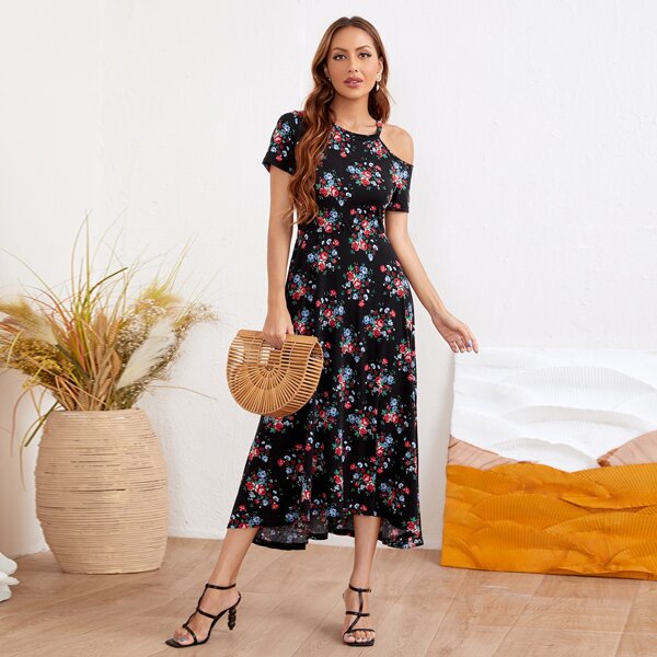 

Asymmetrical Neck Allover Floral Dress, Multicolor