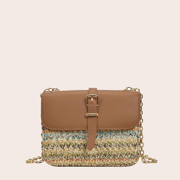 

Buckle Decor Flap Chain Bag, Brown