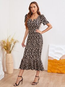 SHEIN Clasi Vestido de leopardo de manga farol de cuello sweetheart - Multicolor - Ver 6