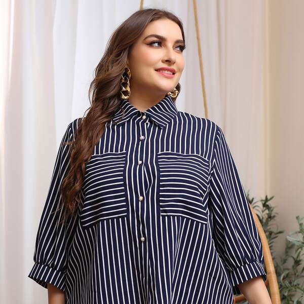 

Plus Striped Button Front Blouse, Navy blue