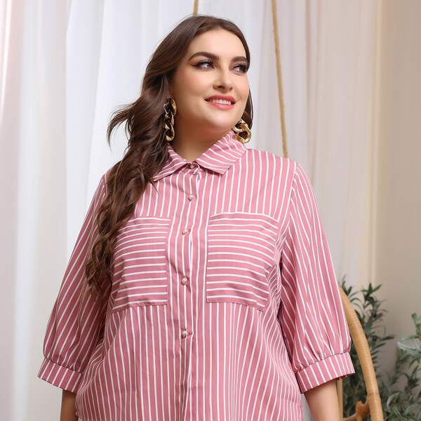 

Plus Striped Button Front Blouse, Dusty pink
