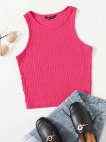 SHEIN EZwear Camiseta sin mangas de canalé liso - Rosa Fucsia - Ver 1