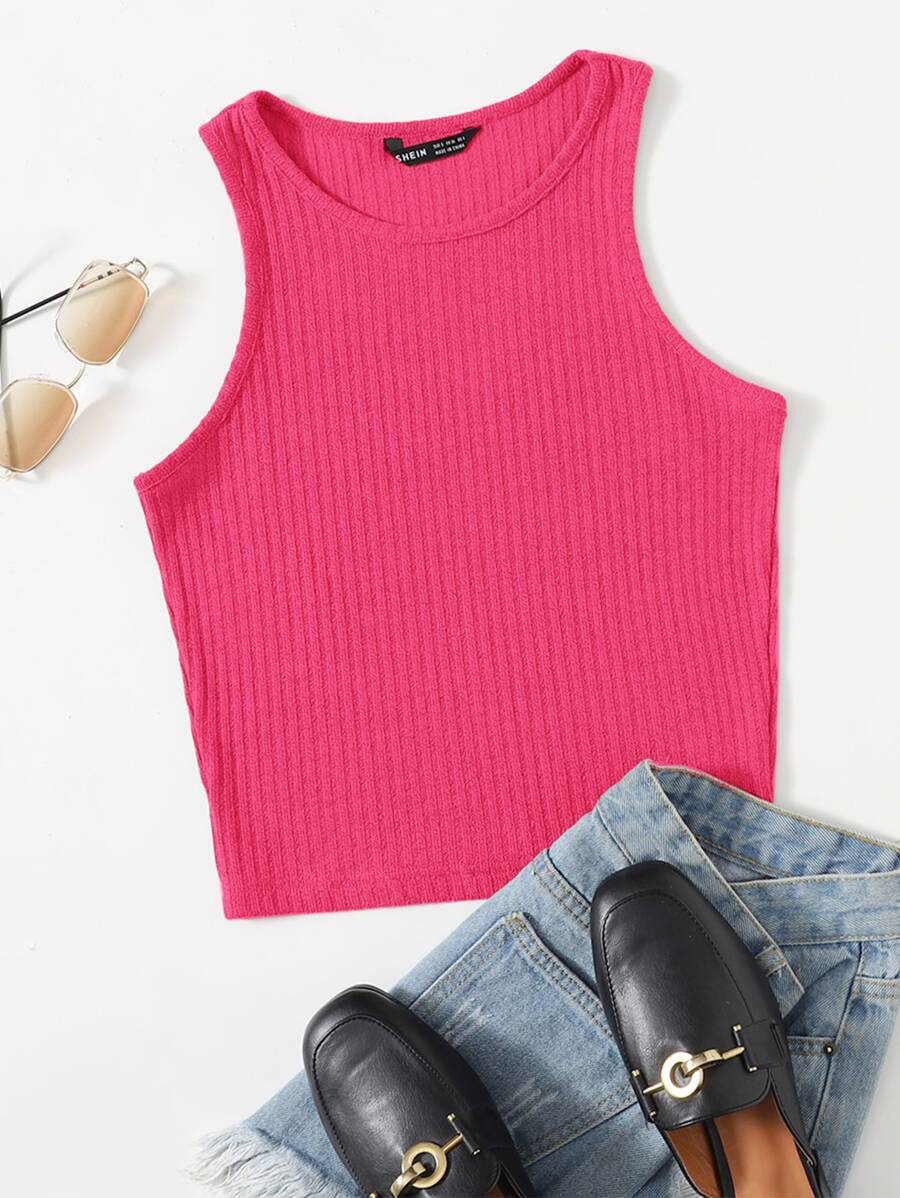 SHEIN EZwear Camiseta sin mangas de canalé liso - Rosa Fucsia - Ver 1