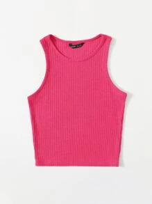 SHEIN EZwear Camiseta sin mangas de canalé liso - Rosa Fucsia - Ver 3