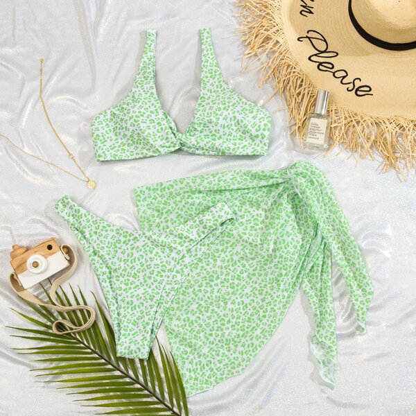

3pack Leopard Print Twist Bikini Swimsuit & Beach Skirt, Green