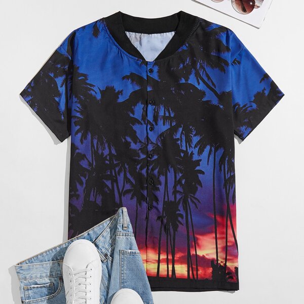 

Men Tropical Print Baseball Collar Button Front Shirt, Multicolor