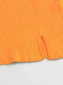 SHEIN Qutie 熒光橙開衩羅紋針織包臀連衣裙 - 橘色 - 查看 4