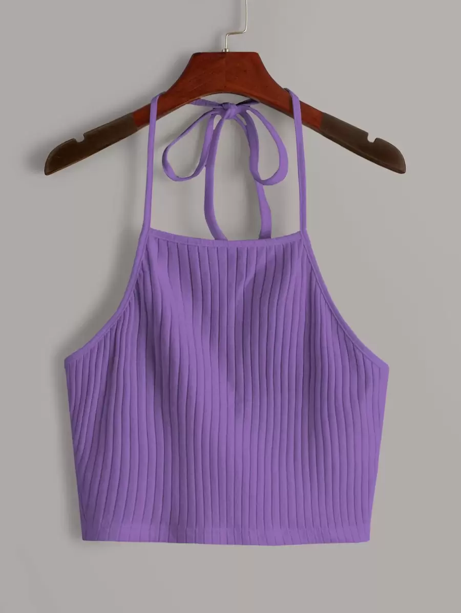 SHEIN EZwear Solid Rib-knit Halter Top - Violet Purple - View 1