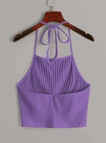 SHEIN EZwear Solid Rib-knit Halter Top - Violet Purple - View 2