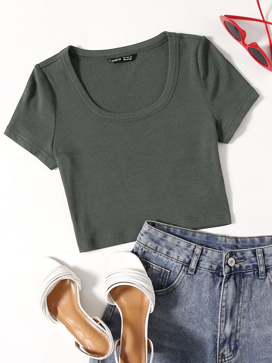 Muchica 羅紋針織素色T恤 - 軍綠色 - 查看 1