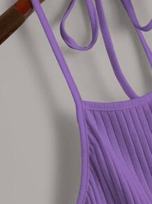 SHEIN EZwear Solid Rib-knit Halter Top - Violet Purple - View 3