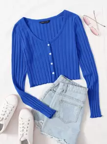 SHEIN Qutie Buttoned Front Lettuce Trim Rib-knit Top - Royal Blue - View 1