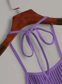 SHEIN EZwear Solid Rib-knit Halter Top - Violet Purple - View 4