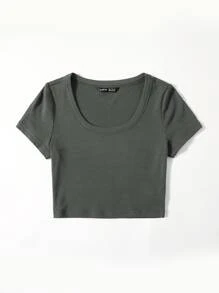 Muchica 羅紋針織素色T恤 - 軍綠色 - 查看 3