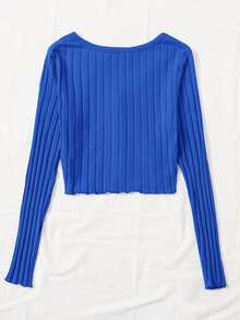 SHEIN Qutie Buttoned Front Lettuce Trim Rib-knit Top - Royal Blue - View 2