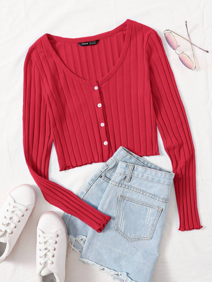 SHEIN Qutie Buttoned Front Lettuce Trim Rib-knit Top - Red - View 1