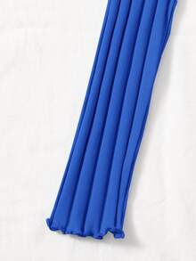 SHEIN Qutie Buttoned Front Lettuce Trim Rib-knit Top - Royal Blue - View 4