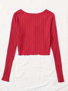 SHEIN Qutie Buttoned Front Lettuce Trim Rib-knit Top - Red - View 2
