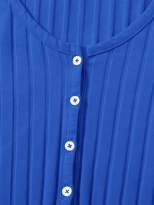SHEIN Qutie Buttoned Front Lettuce Trim Rib-knit Top - Royal Blue - View 5