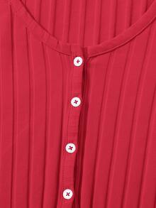 SHEIN Qutie Buttoned Front Lettuce Trim Rib-knit Top - Red - View 3