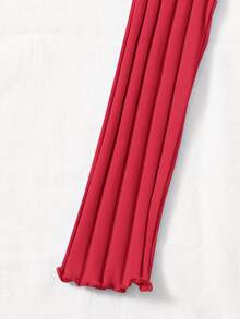 SHEIN Qutie Buttoned Front Lettuce Trim Rib-knit Top - Red - View 4