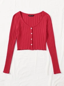 SHEIN Qutie Buttoned Front Lettuce Trim Rib-knit Top - Red - View 5