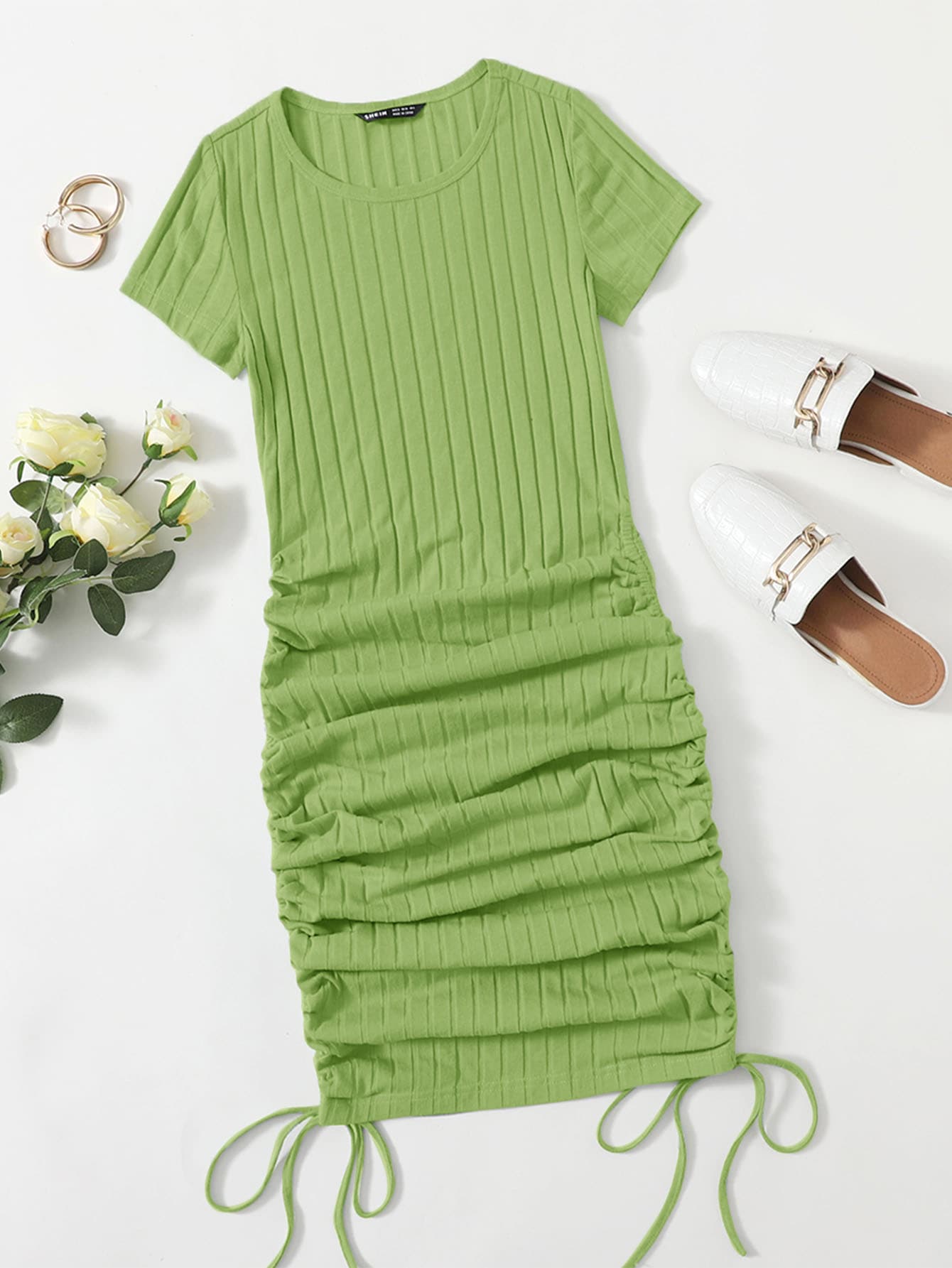 SHEIN EZwear Drawstring Side Rib-knit Bodycon Dress - Lime Green - View 1