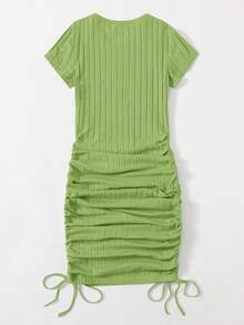 SHEIN EZwear Drawstring Side Rib-knit Bodycon Dress - Lime Green - View 2