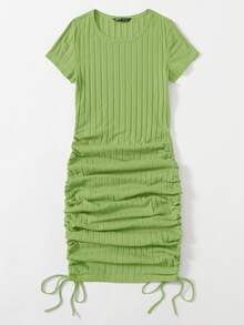 SHEIN EZwear Drawstring Side Rib-knit Bodycon Dress - Lime Green - View 3