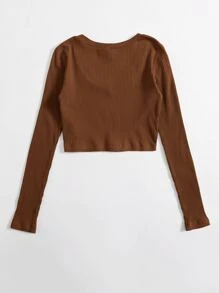 SHEIN EZwear V領羅紋針織短版上衣 - 咖啡棕 - 查看 2