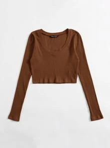 SHEIN EZwear V領羅紋針織短版上衣 - 咖啡棕 - 查看 3