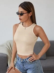 SHEIN EZwear 素色短版背心上衣 - 杏色 - 查看 1