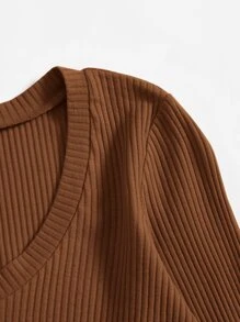 SHEIN EZwear V領羅紋針織短版上衣 - 咖啡棕 - 查看 4