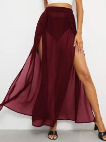 SHEIN VCAY High Split Sheer Chiffon Skirt - Burgundy - View 1